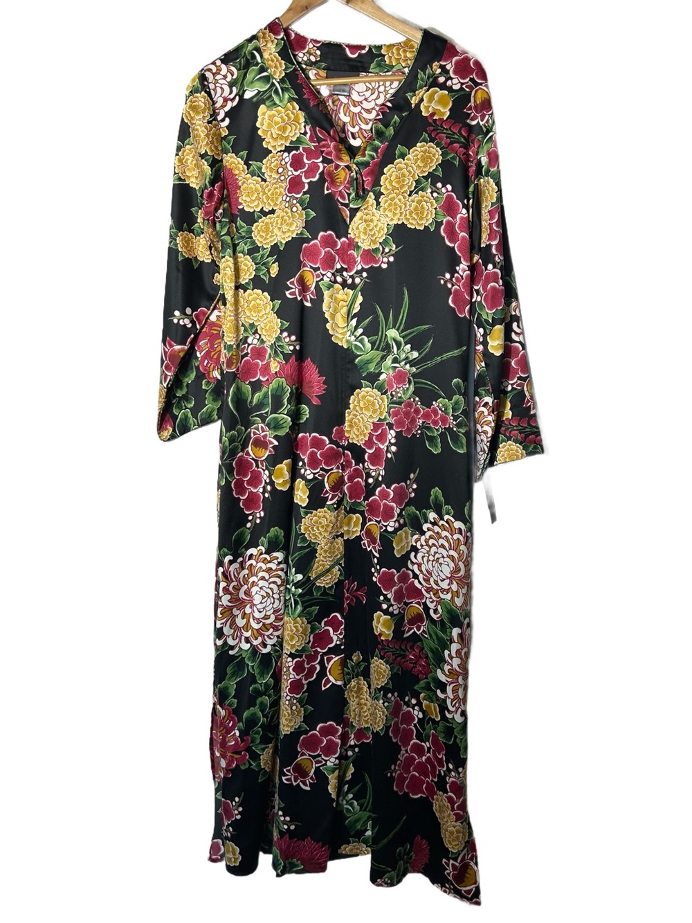 Natori Black Maxi Dress‎ with Yellow, Red & Green Floral Print